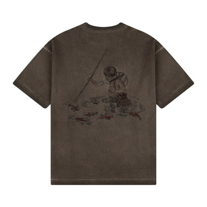 "lotus" T shirt oil washed brown