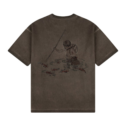 "lotus" T shirt oil washed brown