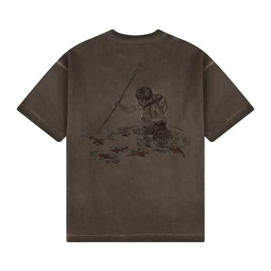 "lotus" T shirt oil washed brown