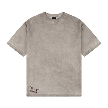 "lotus" T shirt oil washed light grey