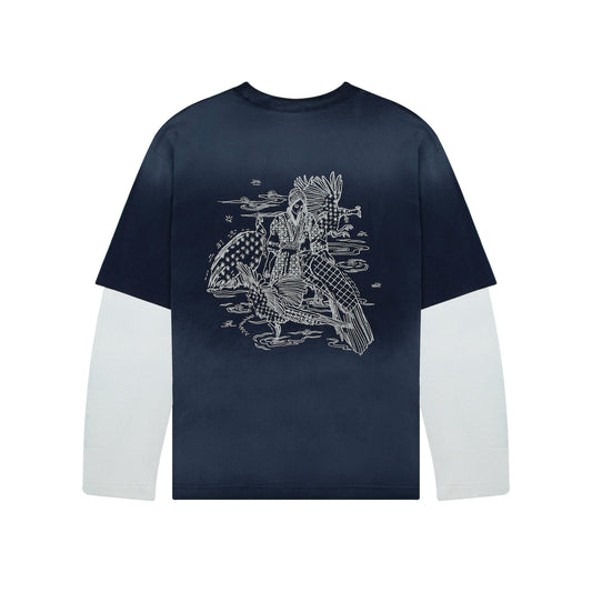 "sashiko" layered long sleeve navy